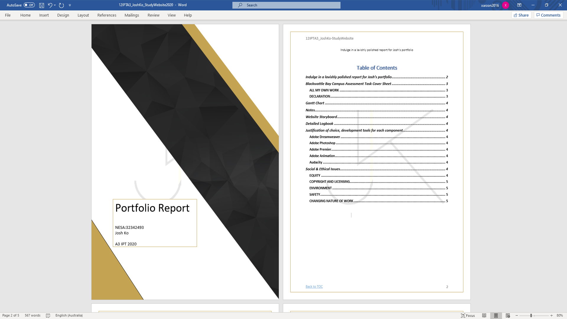 Ms word document with cover page and table of contents